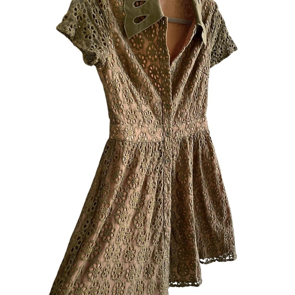 Anthropologie Ark and Co Olive Green Peplum Ruffled Lace Overlay Dress Medium - Picture 8 of 10